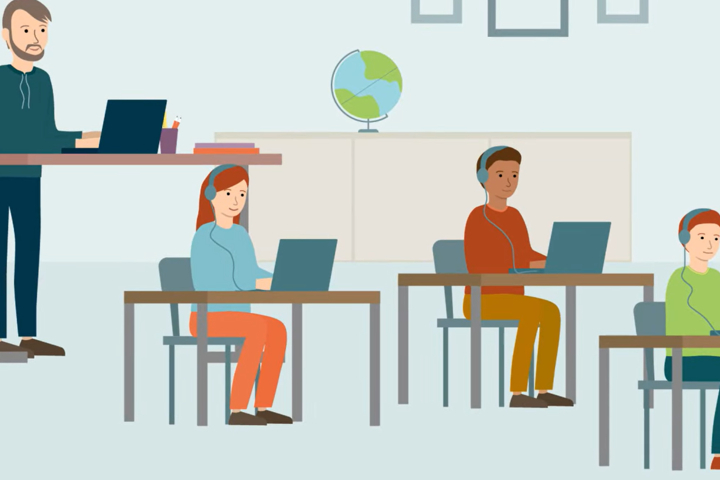 Illustration klassrum, elever med datorer