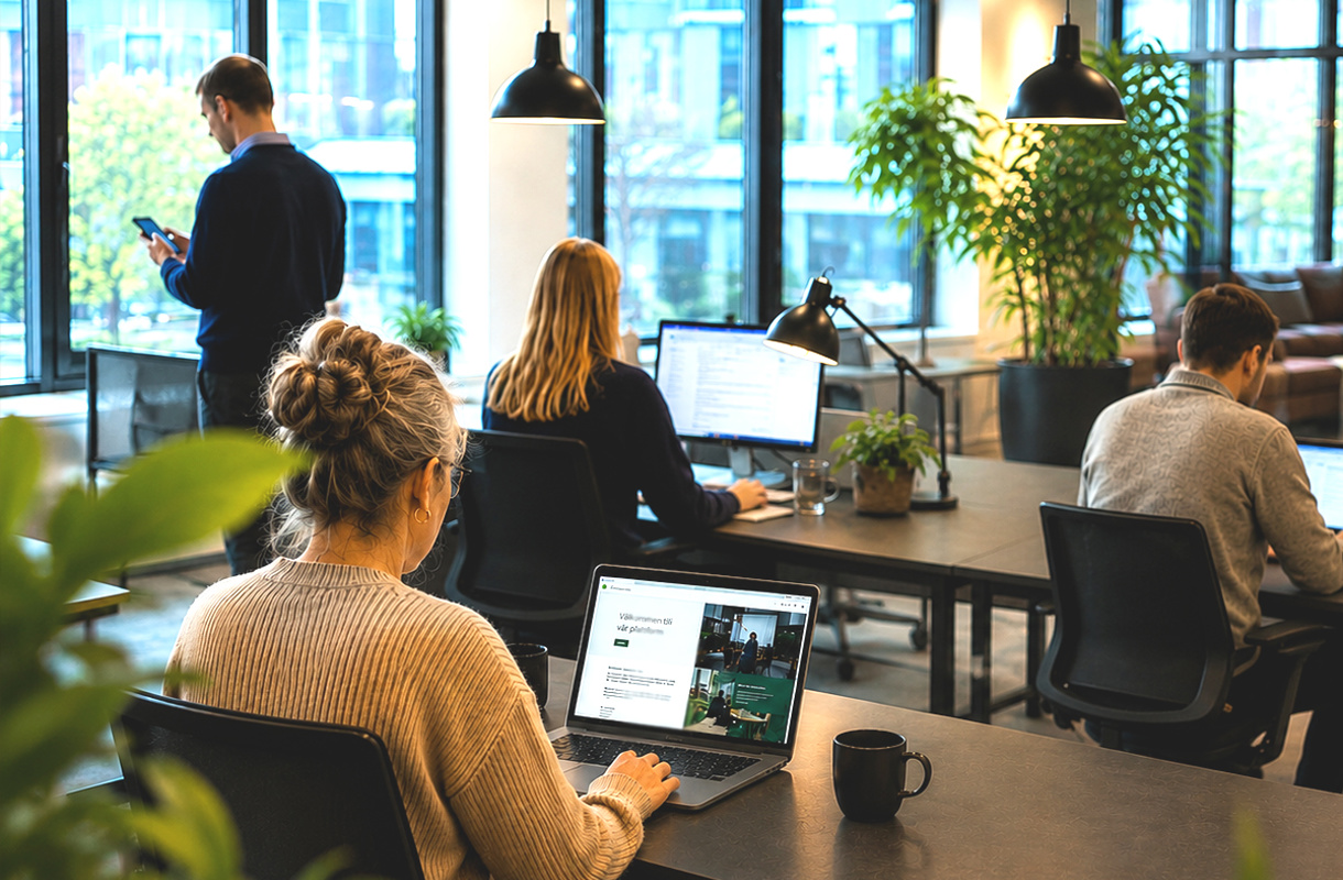 Öppet kontor, arbetande människor vid sina datorer