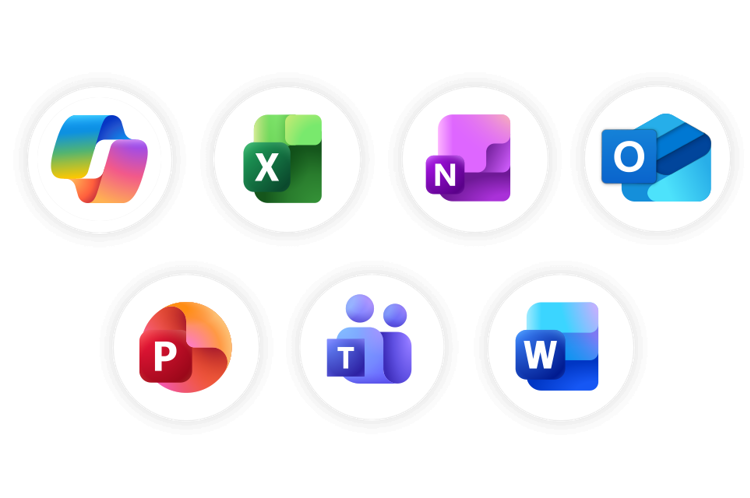 Apparna som ingår i Lexicon Online Courses: Copilot, Excel, OneNote, Outlook, PowerPoint, Teams och Word