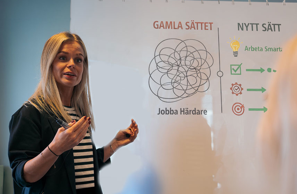 Tjej framför whiteboard med texten Gamla sättet och Nytt sätt