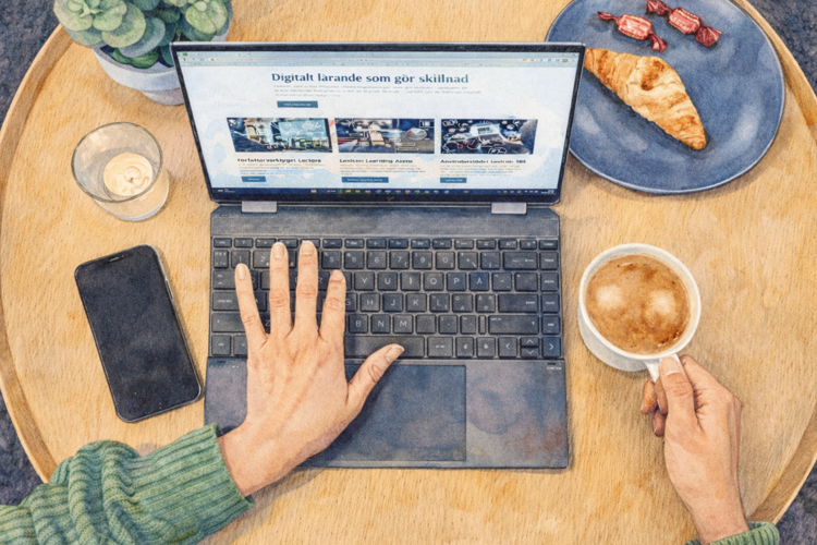 Fingrar på dator, kaffekopp i andra handen