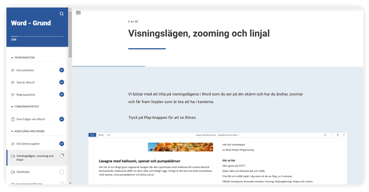Skärmdump ur kursen Word grund i Lexicon Online Courses