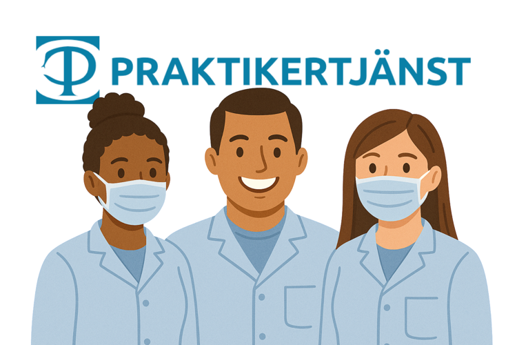 Praktikertjänsts logga och tre tecknade medarbetare under den. Två med munskydd.