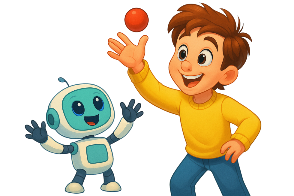 Illustration  pojke och robot leker med en liten röd boll