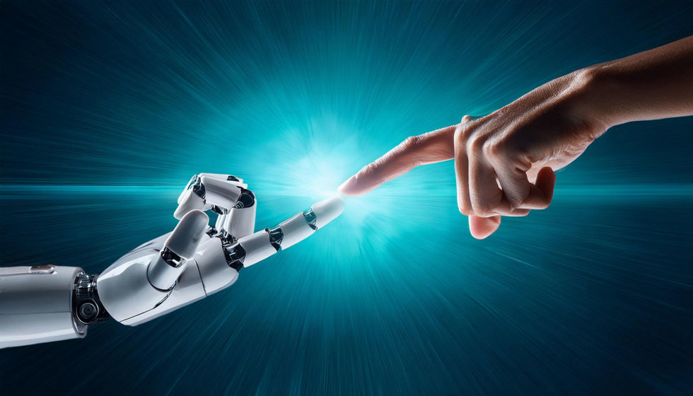 En robothand och en mänsklig hand möts mot varandras pekfinger.
