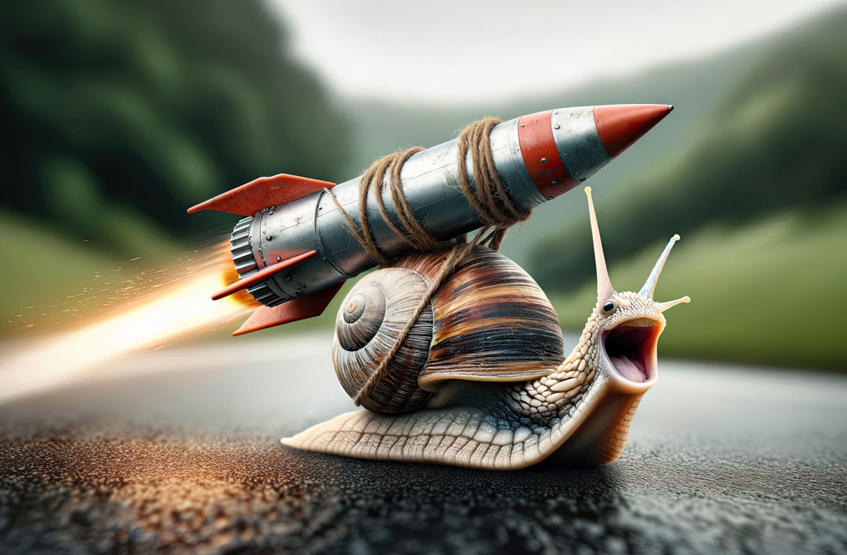 Snabb och långsam, en snigel med en raket på ryggen