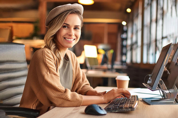 AI-genererad leende kvinna i basker skriver på dator