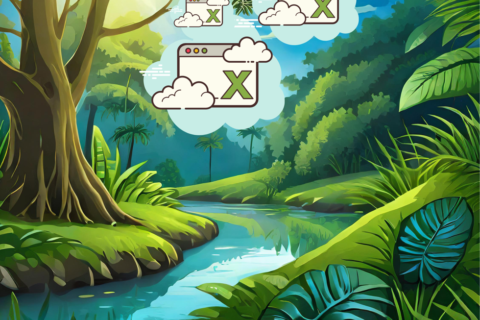 Djungelillustration med Excel-ikoner på moln