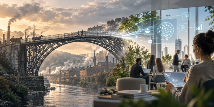 Från Järnbron till AI-arbetsplatsen. AI-genererad illustration